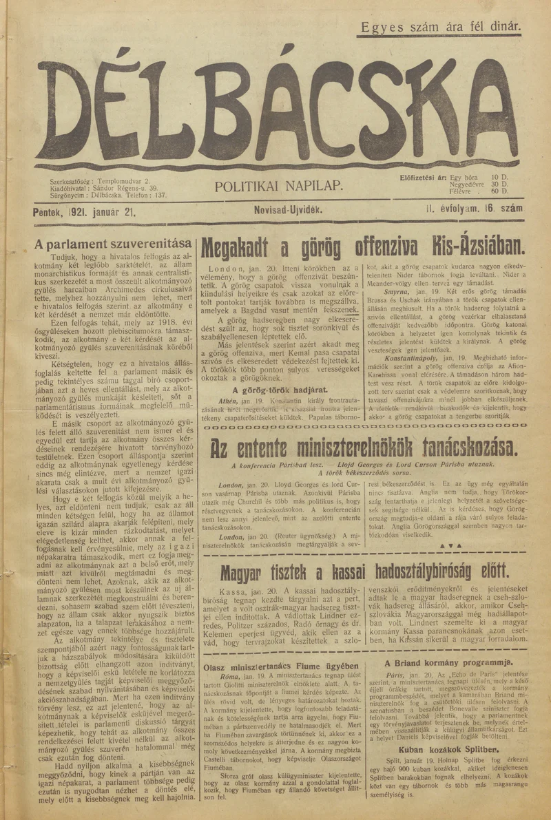 Délbácska, 2. évf. 1921. január 21. 16. sz.