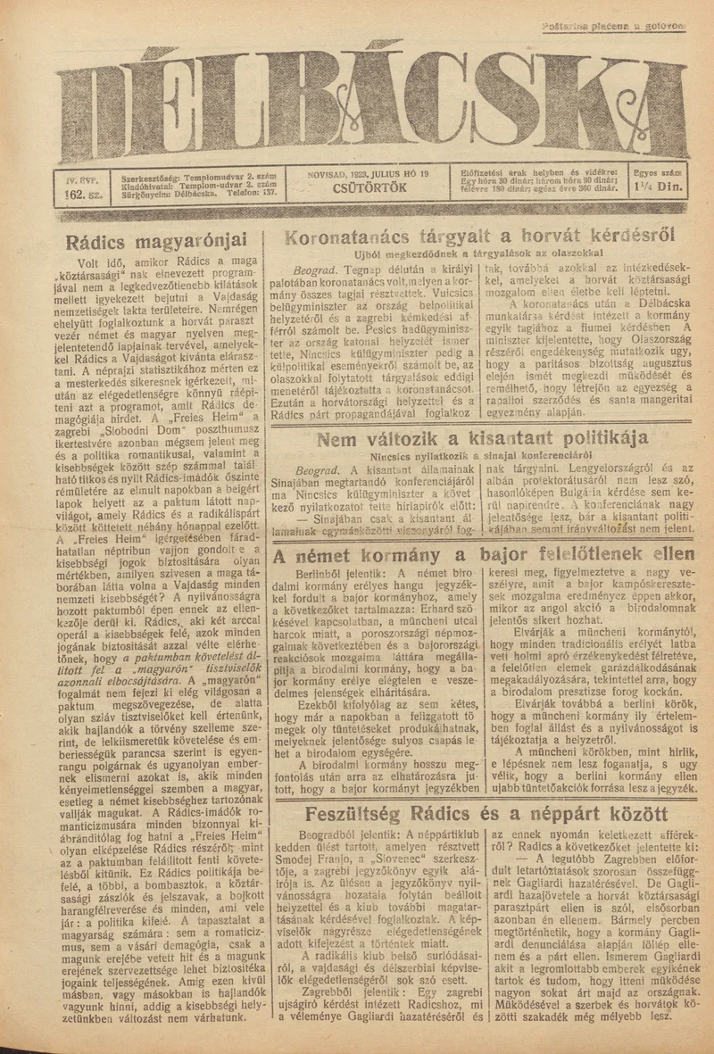 Délbácska, 4. évf. 1923. július 19. 163. sz.