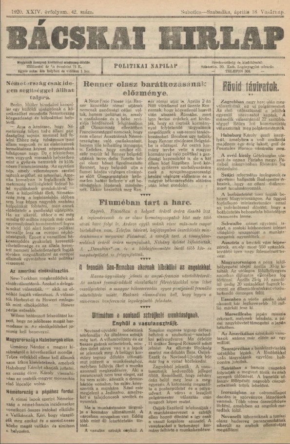 Bácskai Hirlap, 24. évf. 1920. április 18. 42. sz.