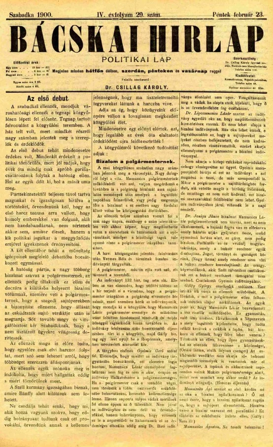 Bácskai Hirlap, 4. évf. 1900. február 23. 29. sz.