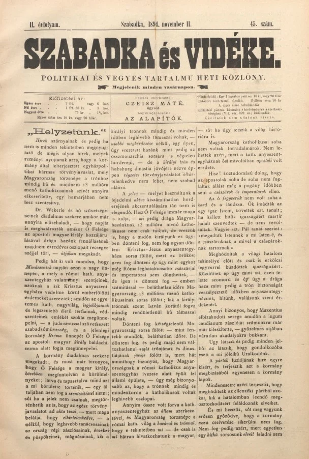 Szabadka és vidéke II, 2. évf. 1894. november 11. 45. sz.