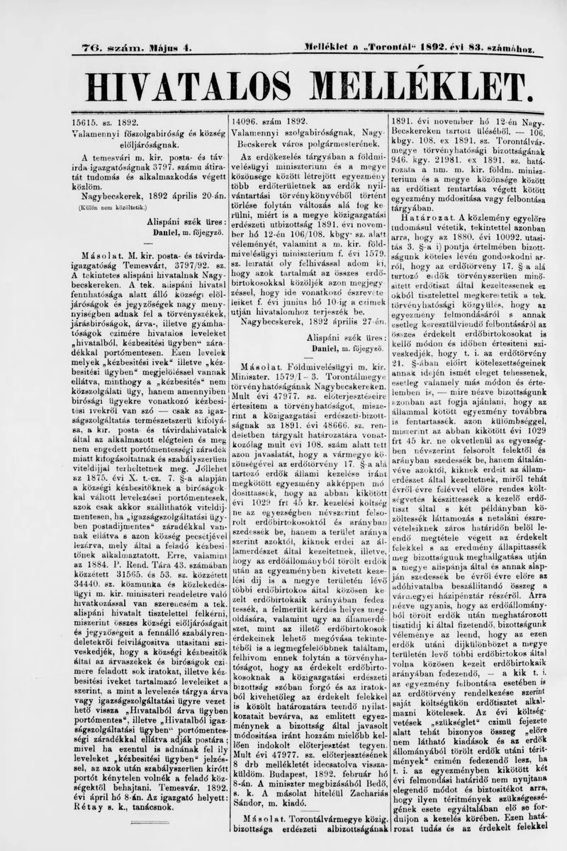 A Totontál  hivatalos melléklete, 5. évf. 1892. május 4. 76. sz.