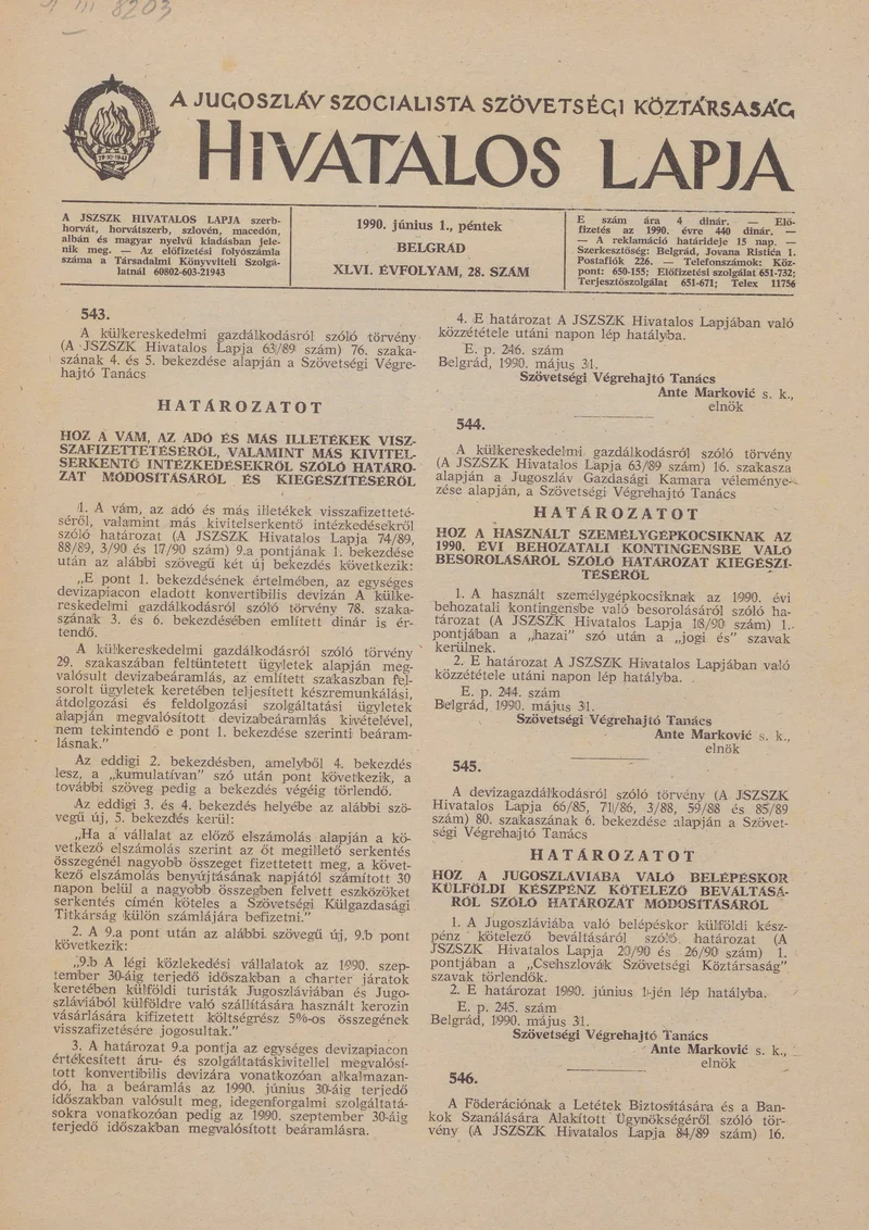 A Jugoszláv Szocialista Szövetségi Köztársaság Hivatalos Lapja, 46. évf. 1990. június 1. 28. sz. 997–1008. oldal
