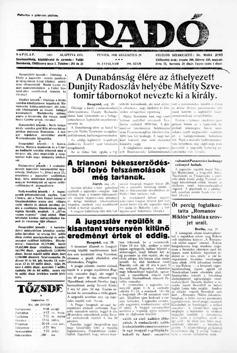 Híradó, 59. évf. 1930. augusztus 29. 199. sz.