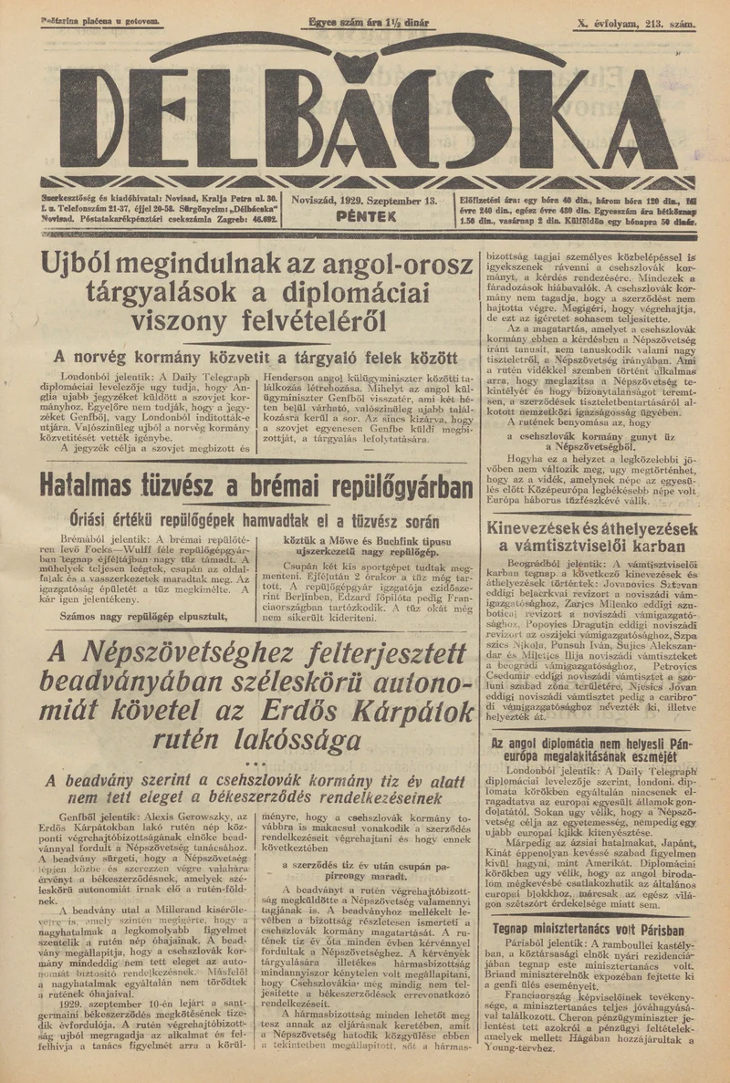 Délbácska, 10. évf. 1929. szeptember 13. 213. sz.