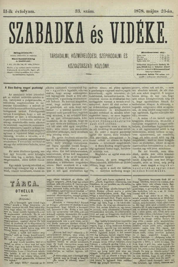 Szabadka és vidéke, 2. évf. 1878. május 23. 33. sz.