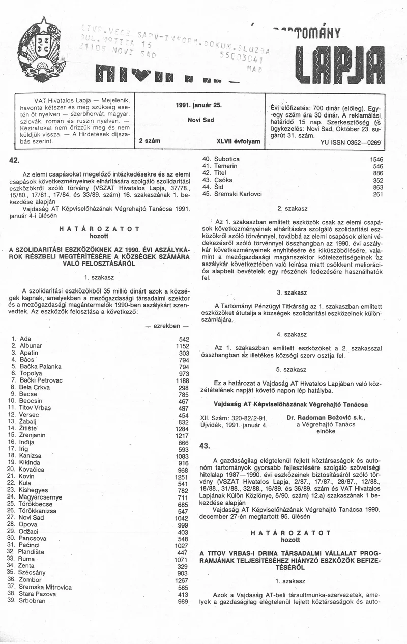 Vajdaság Szocialista Autonóm Tartomány Hivatalos Lapja, 47. évf. 1991. január 25. 2. sz.