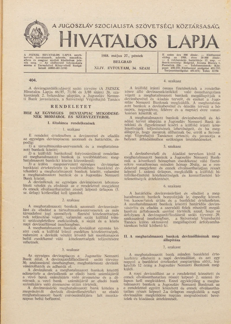 A Jugoszláv Szocialista Szövetségi Köztársaság Hivatalos Lapja, 44. évf. 1988. május 27. 34. sz. 885–916. oldal