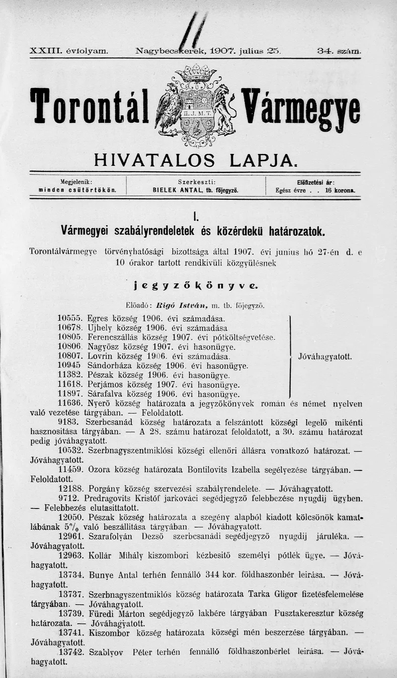 Torontál Vármegye Hivatalos Lapja, 23. évf. 1907. július 25. 34. sz.