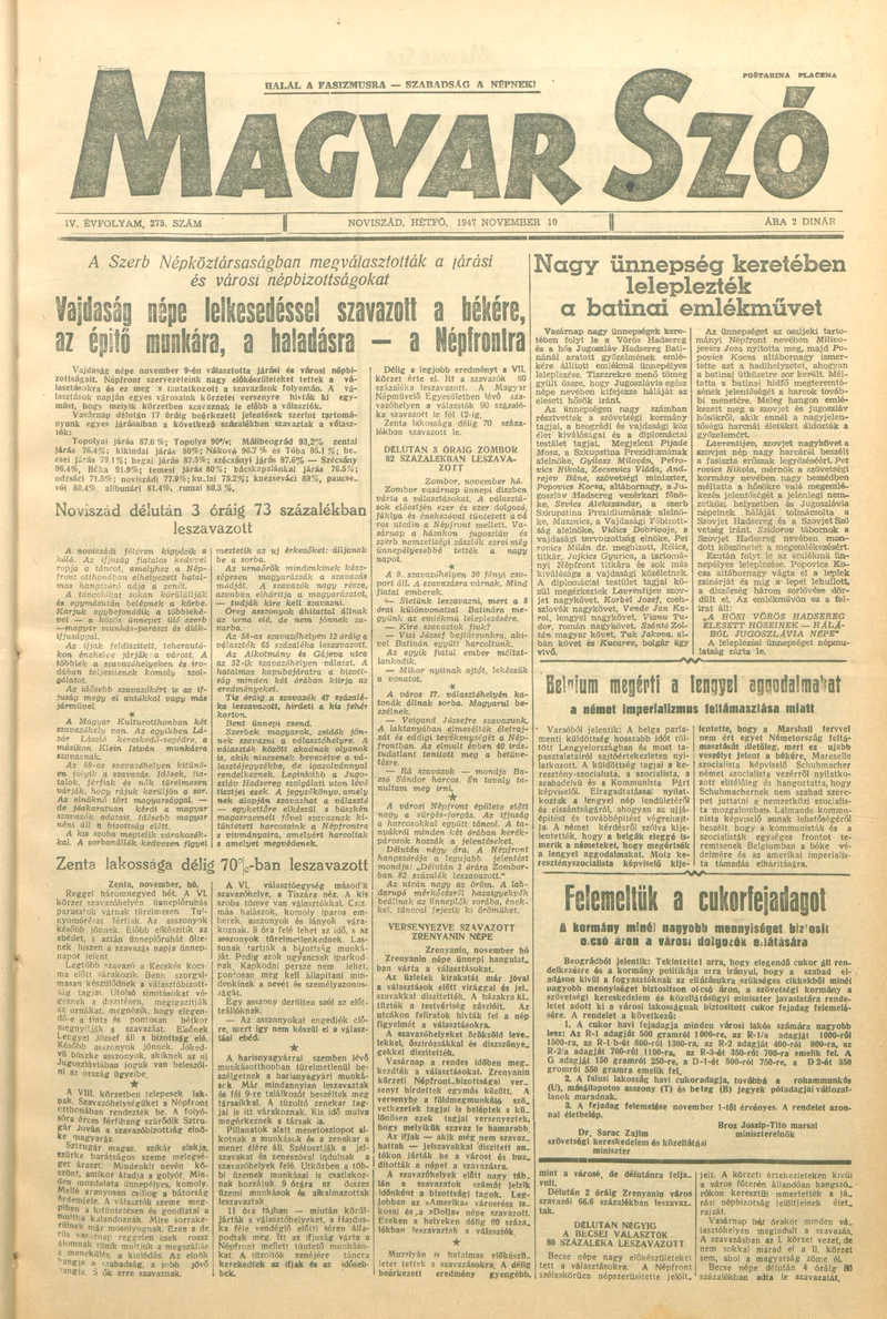 Magyar Szó, 4. évf. 1947. november 10. 275. sz. 1–4. oldal