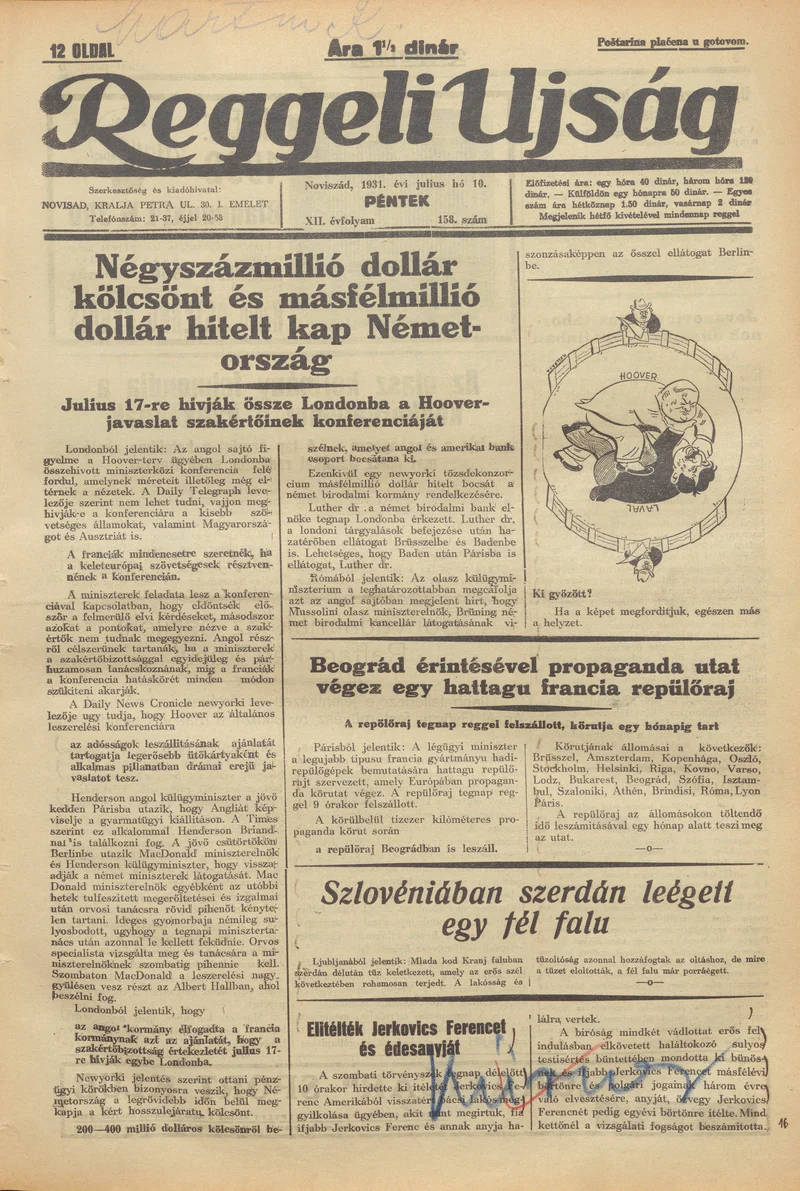 Reggeli Újság, 12. évf. 1931. július 10. 158. sz.