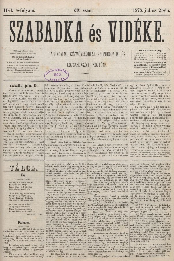 Szabadka és vidéke, 2. évf. 1878. július 21. 50. sz.