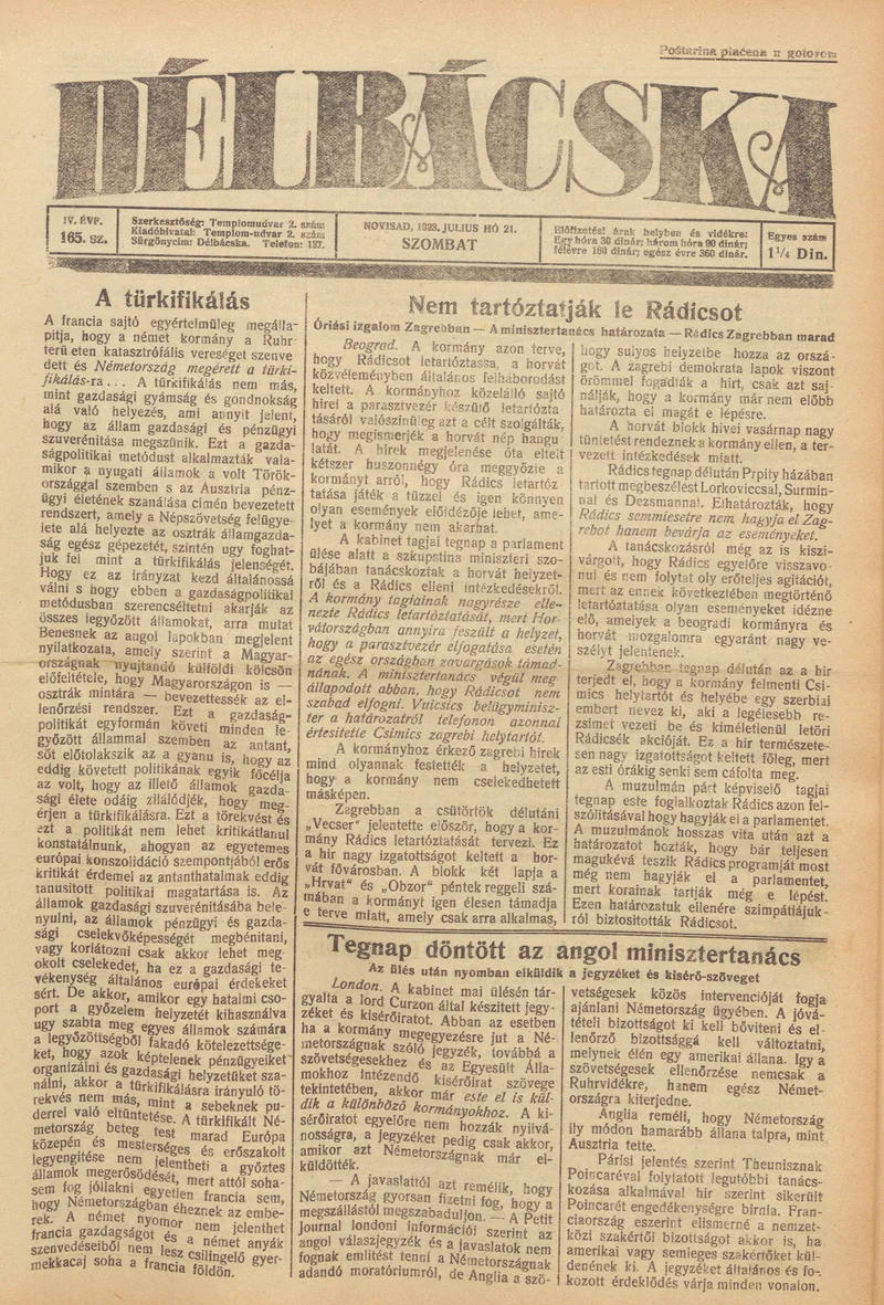 Délbácska, 4. évf. 1923. július 21. 165. sz.