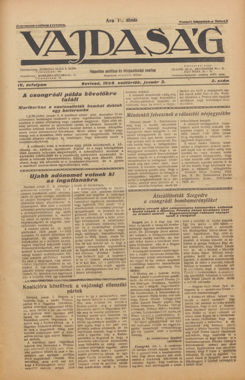 Vajdaság, 4. évf. 1924. január 3. 2. sz.
