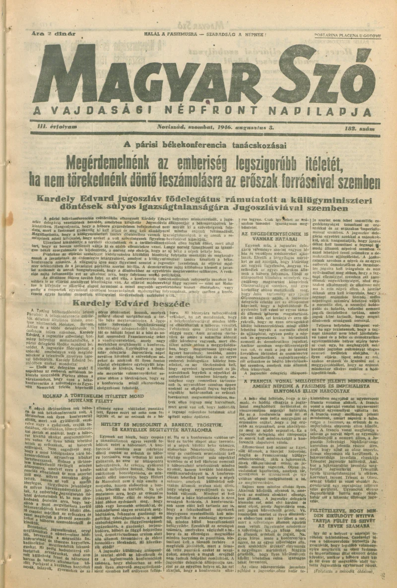 Magyar Szó, 3. évf. 1946. augusztus 3. 182. sz. 1–8. oldal