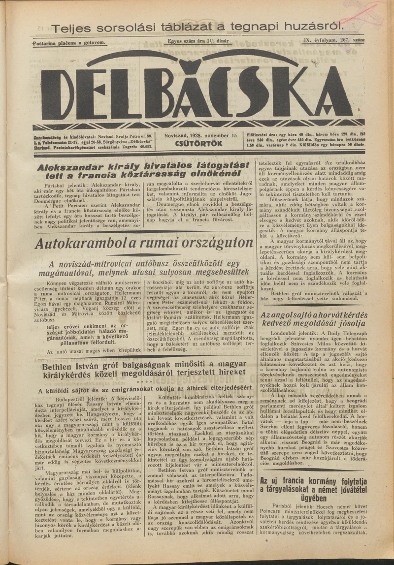 Délbácska, 9. évf. 1928. november 15. 267. sz.