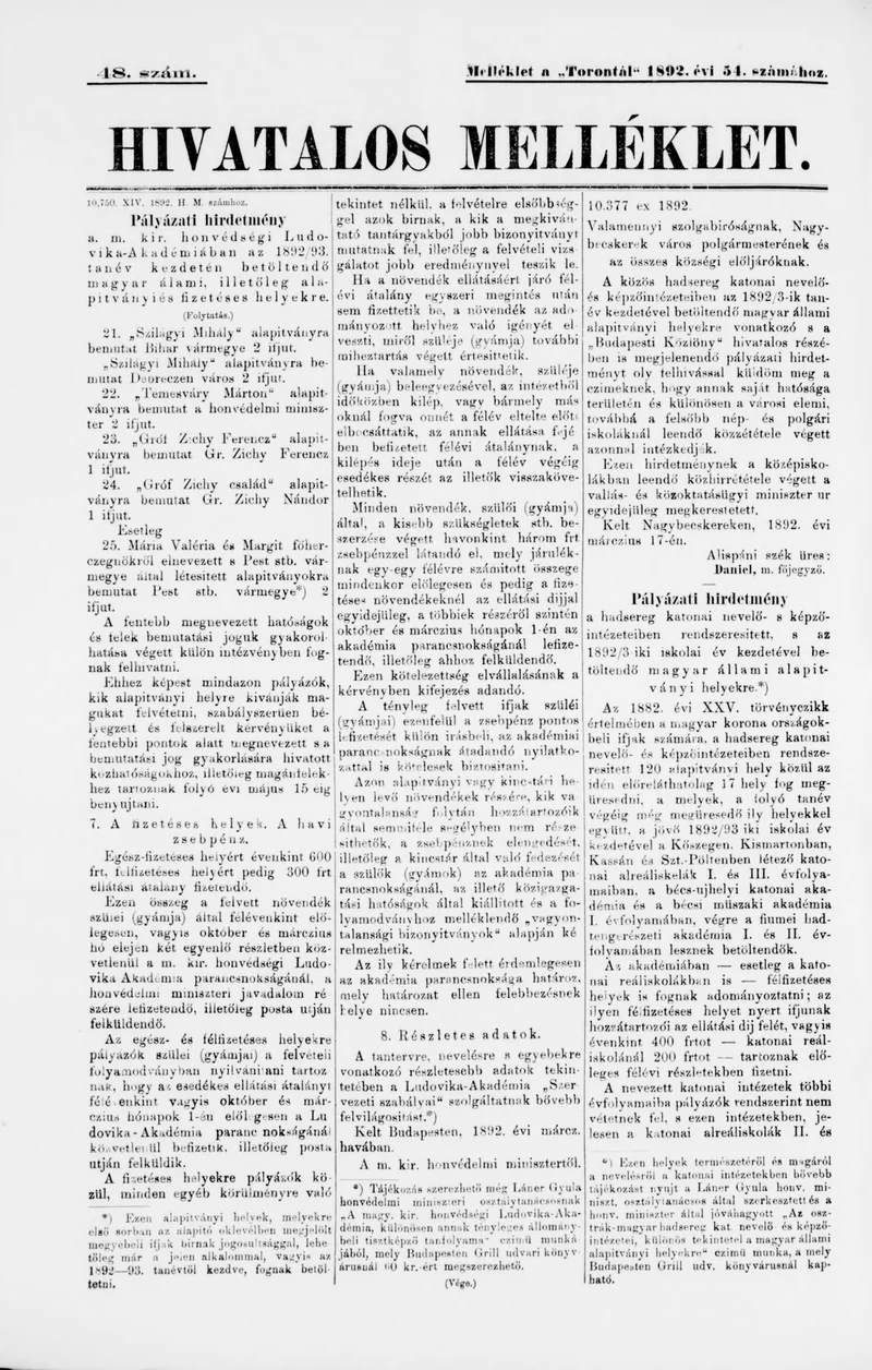 A Totontál  hivatalos melléklete, 5. évf. 1892. március 30. 48. sz.