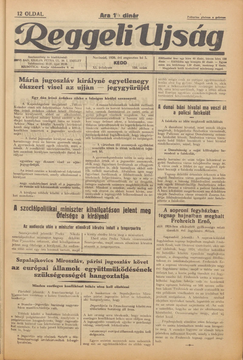 Reggeli Újság, 11. évf. 1930. augusztus 5. 180. sz.