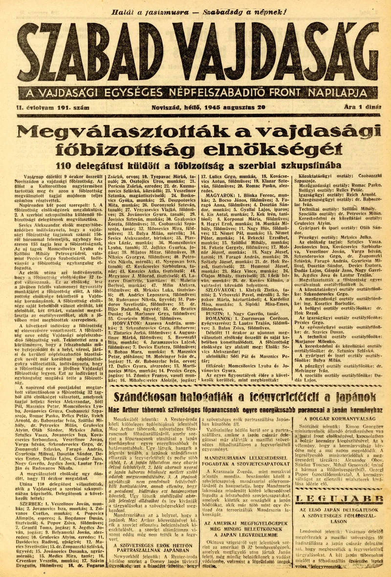 Szabad Vajdaság, 2. évf. 1945. augusztus 20. 191. sz.