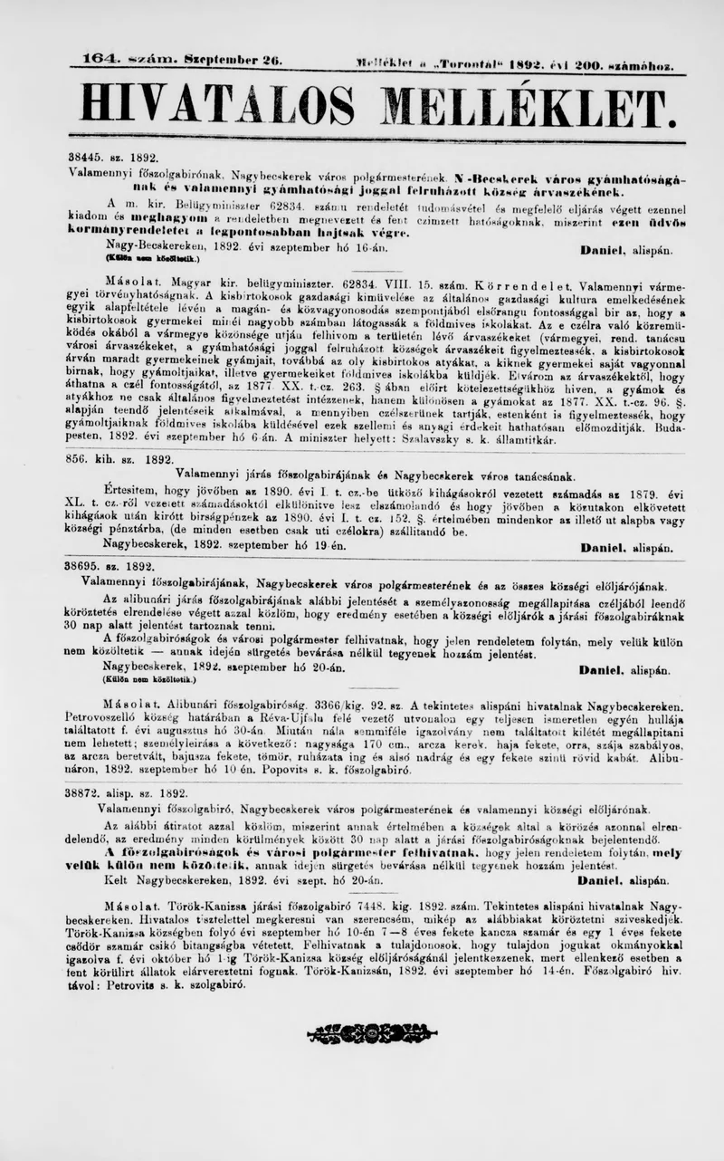 A Totontál  hivatalos melléklete, 5. évf. 1892. szeptember 26. 164. sz.