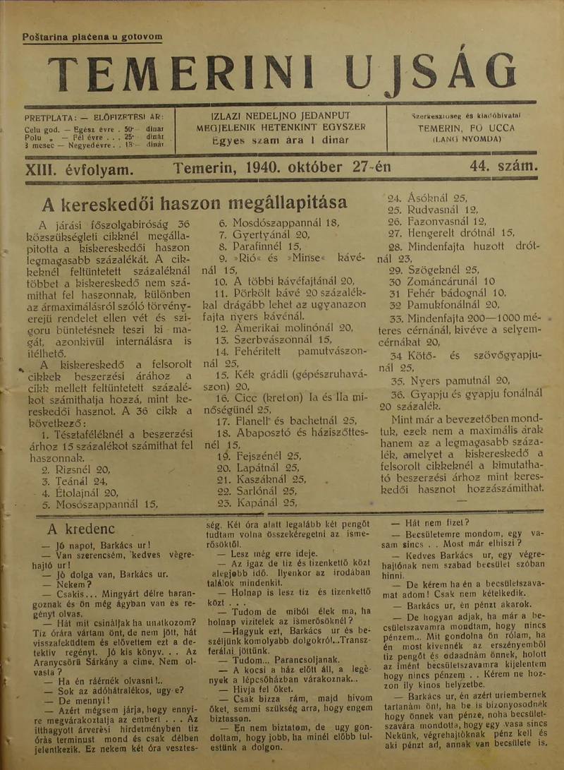 Temerini Újság 1928-1944, 13. évf. 1940. október 27. 44. sz.