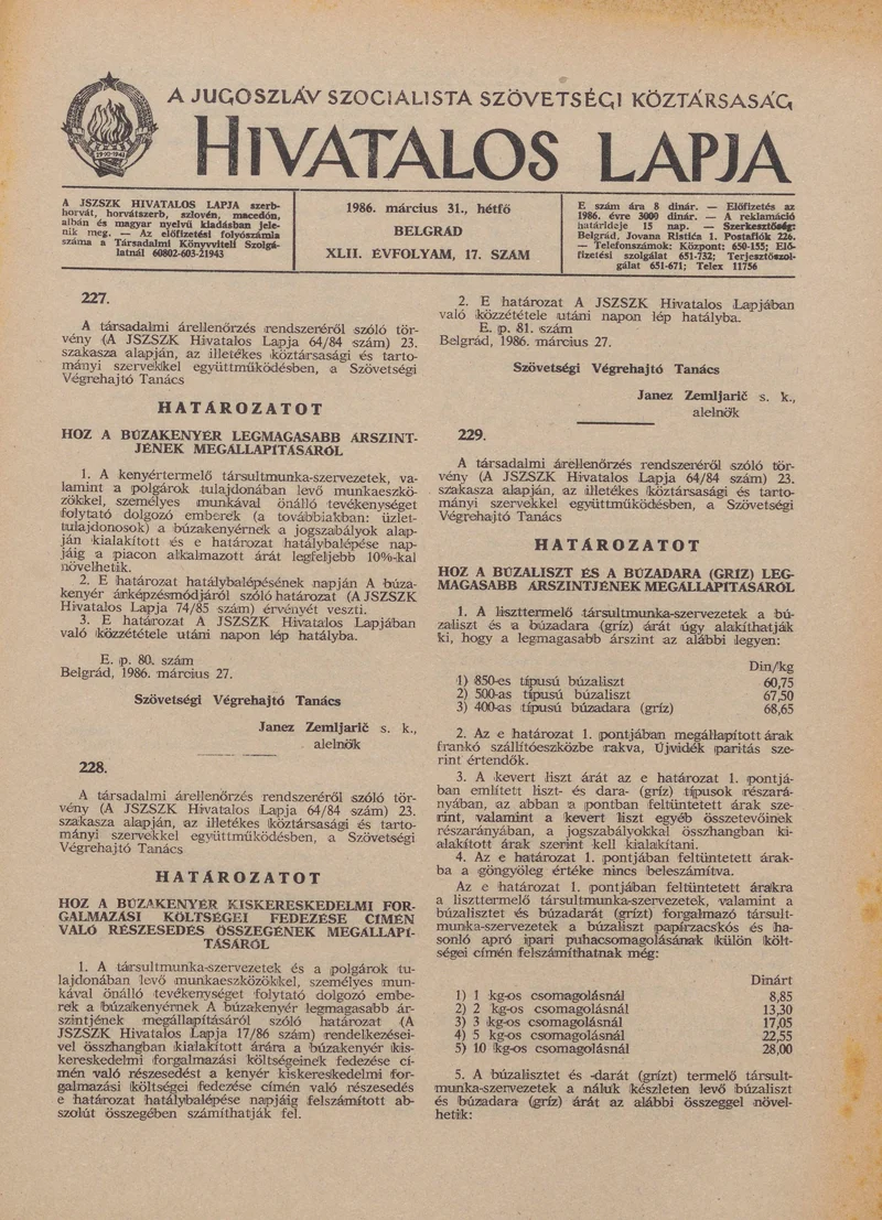 A Jugoszláv Szocialista Szövetségi Köztársaság Hivatalos Lapja, 42. évf. 1986. március 31. 17. sz. 457–459. oldal