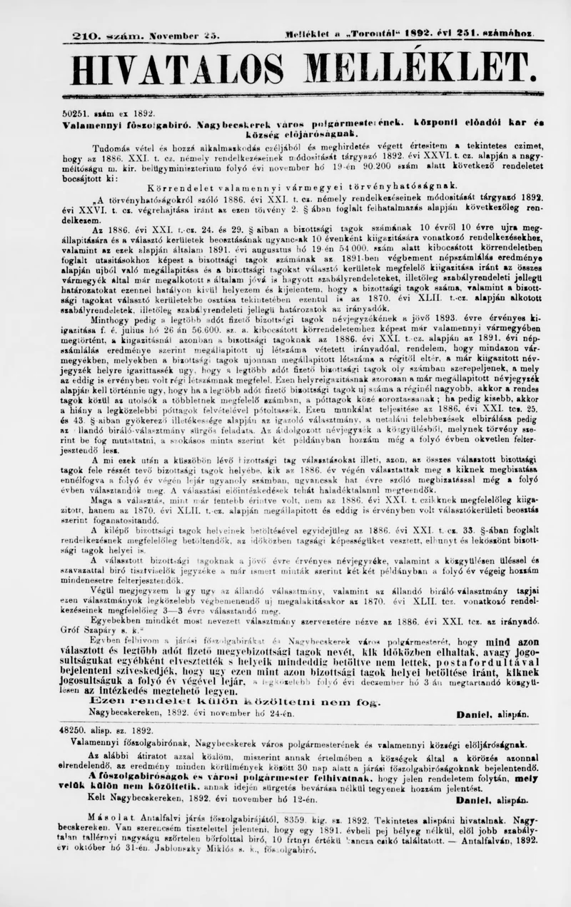 A Totontál  hivatalos melléklete, 5. évf. 1892. november 25. 210. sz.