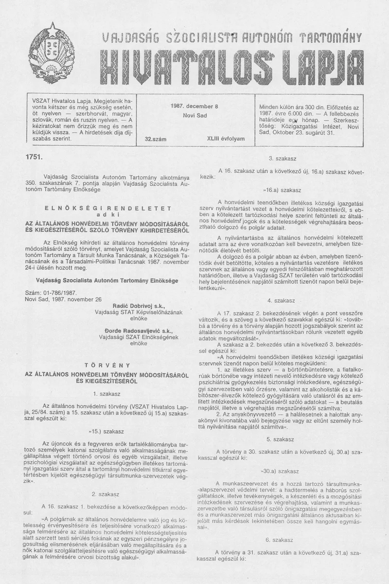 Vajdaság Szocialista Autonóm Tartomány Hivatalos Lapja, 43. évf. 1987. december 8. 32. sz.