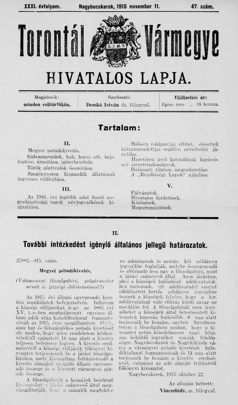 Torontál Vármegye Hivatalos Lapja, 31. évf. 1915. november 11. 47. sz.