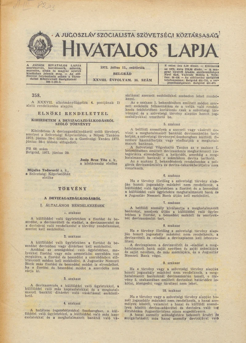 A Jugoszláv Szocialista Szövetségi Köztársaság Hivatalos Lapja, 28. évf. 1972. július 13. 36. sz. 741–768. oldal