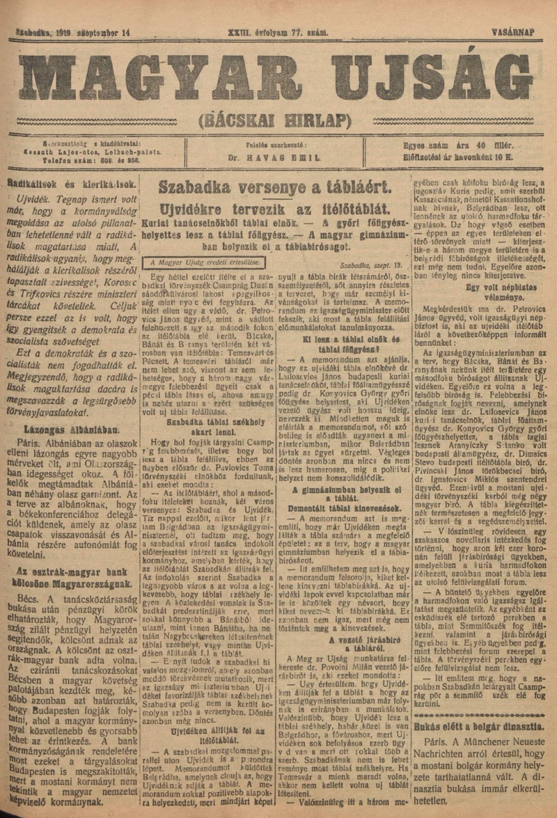 Bácskai Hirlap, 23. évf. 1919. szeptember 14. 77. sz.