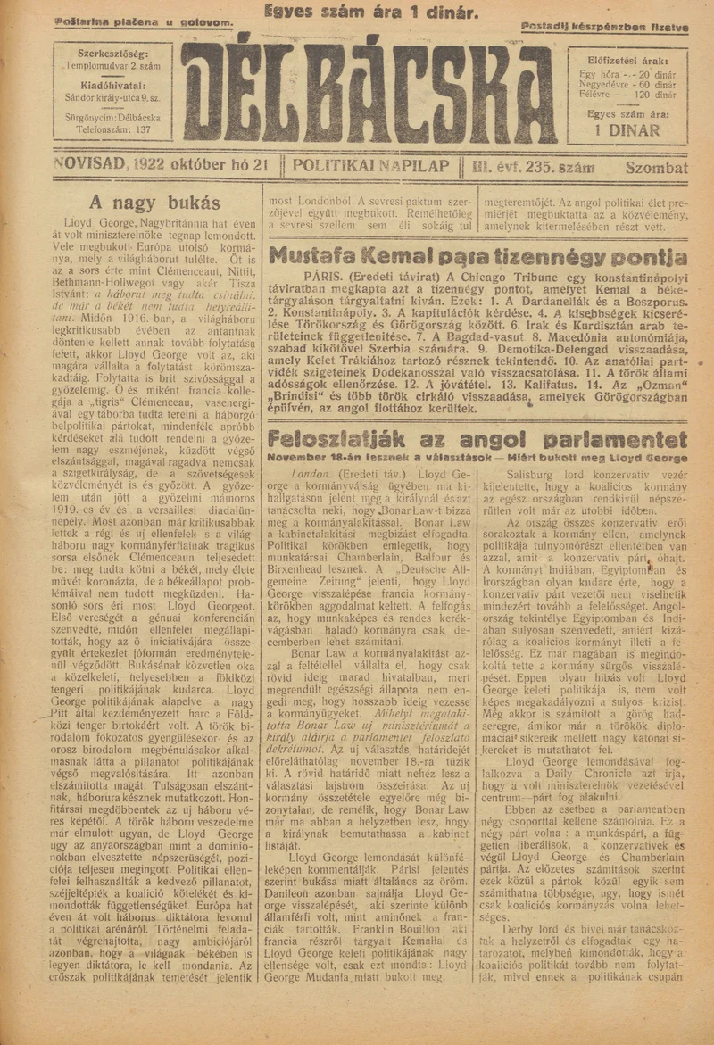 Délbácska, 3. évf. 1922. október 21. 235. sz.