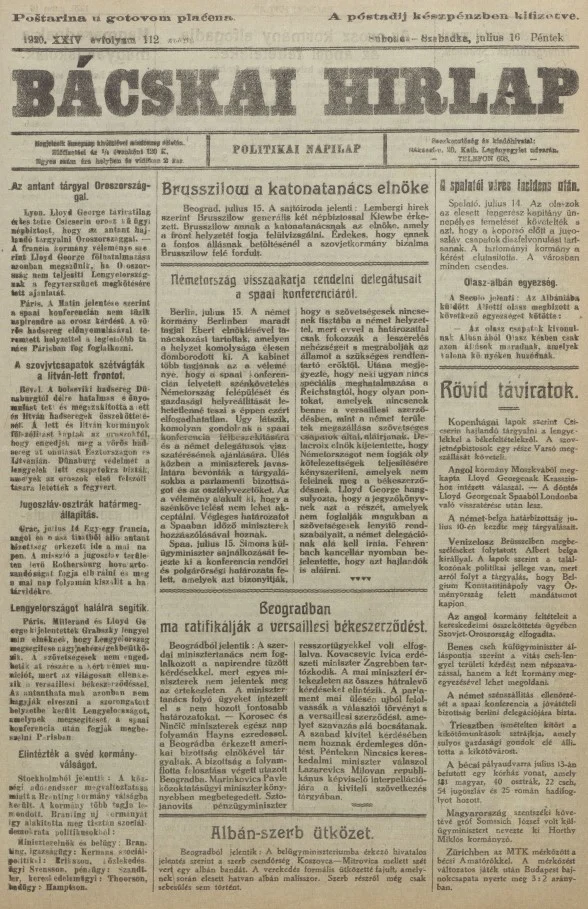 Bácskai Hirlap, 24. évf. 1920. július 16. 112. sz.