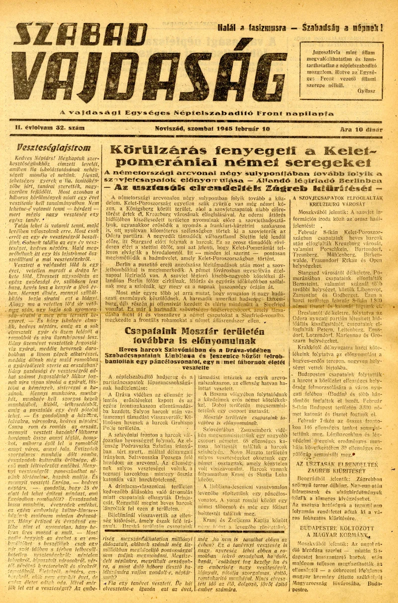 Szabad Vajdaság, 2. évf. 1945. február 10. 32. sz.
