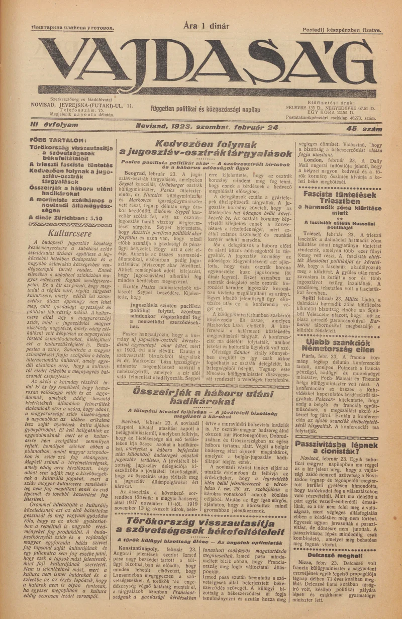 Vajdaság, 3. évf. 1923. február 24. 45. sz.