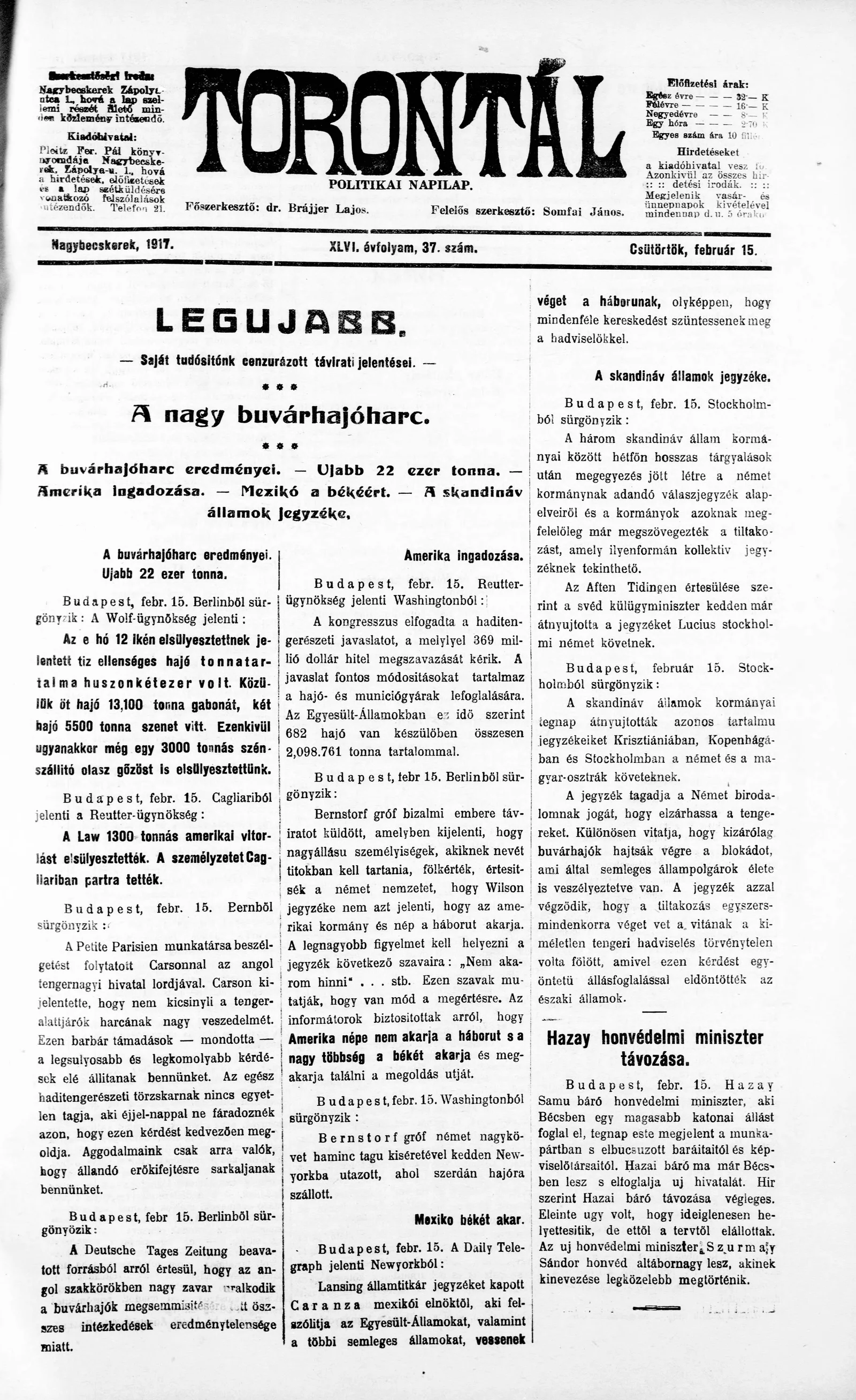 Torontál, 46. évf. 1917. február 15. 37. sz.