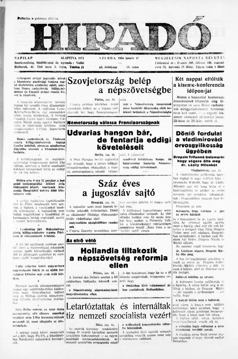 Híradó, 63. évf. 1934. január 17. 13. sz.