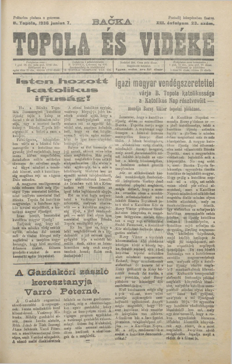 Bačka Topola és Vidéke, 13. évf. 1936. június 7. 23. sz.