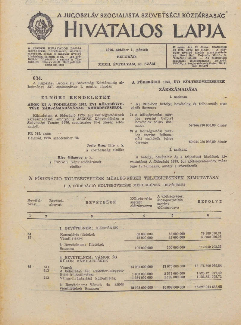 A Jugoszláv Szocialista Szövetségi Köztársaság Hivatalos Lapja, 32. évf. 1976. október 1. 43. sz. 1289–1328. oldal