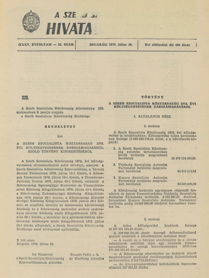 A Szerb Szocialista Köztársaság Hivatalos Közlönye, 35. évf. 1979. július 28. 32. sz. 1401–1472. oldal