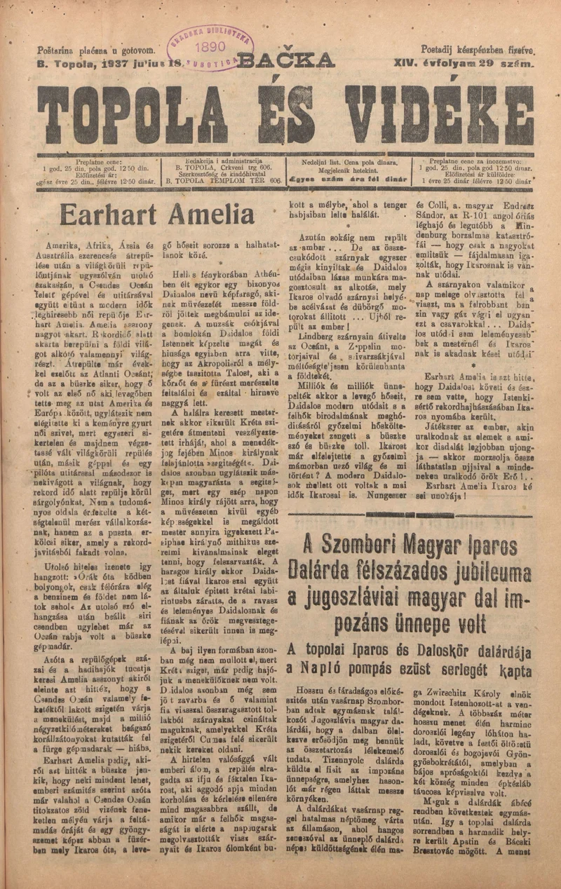 Bačka Topola és Vidéke, 14. évf. 1937. július 18. 29. sz.