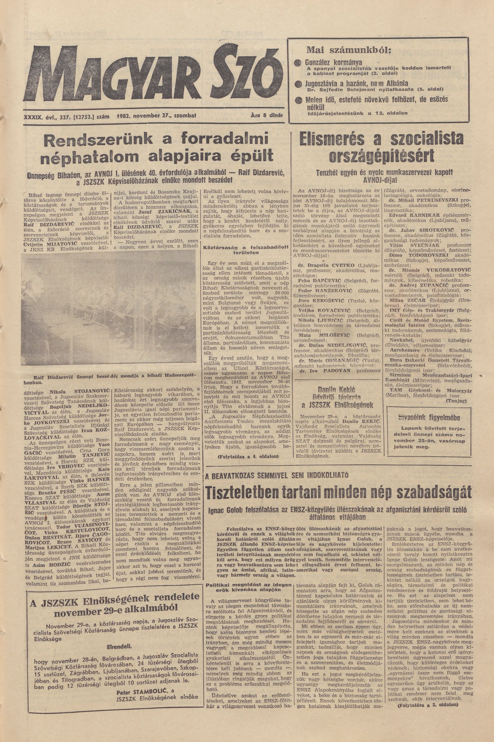 Magyar Szó, 39. évf. 1982. november 27. 327. sz. 1–20. oldal