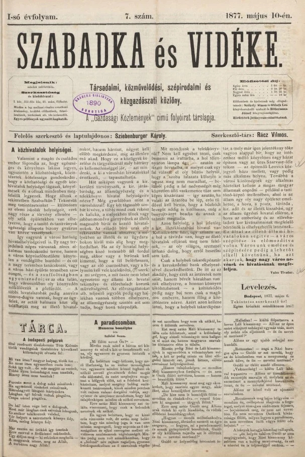 Szabadka és vidéke, 1. évf. 1877. május 10. 7. sz.