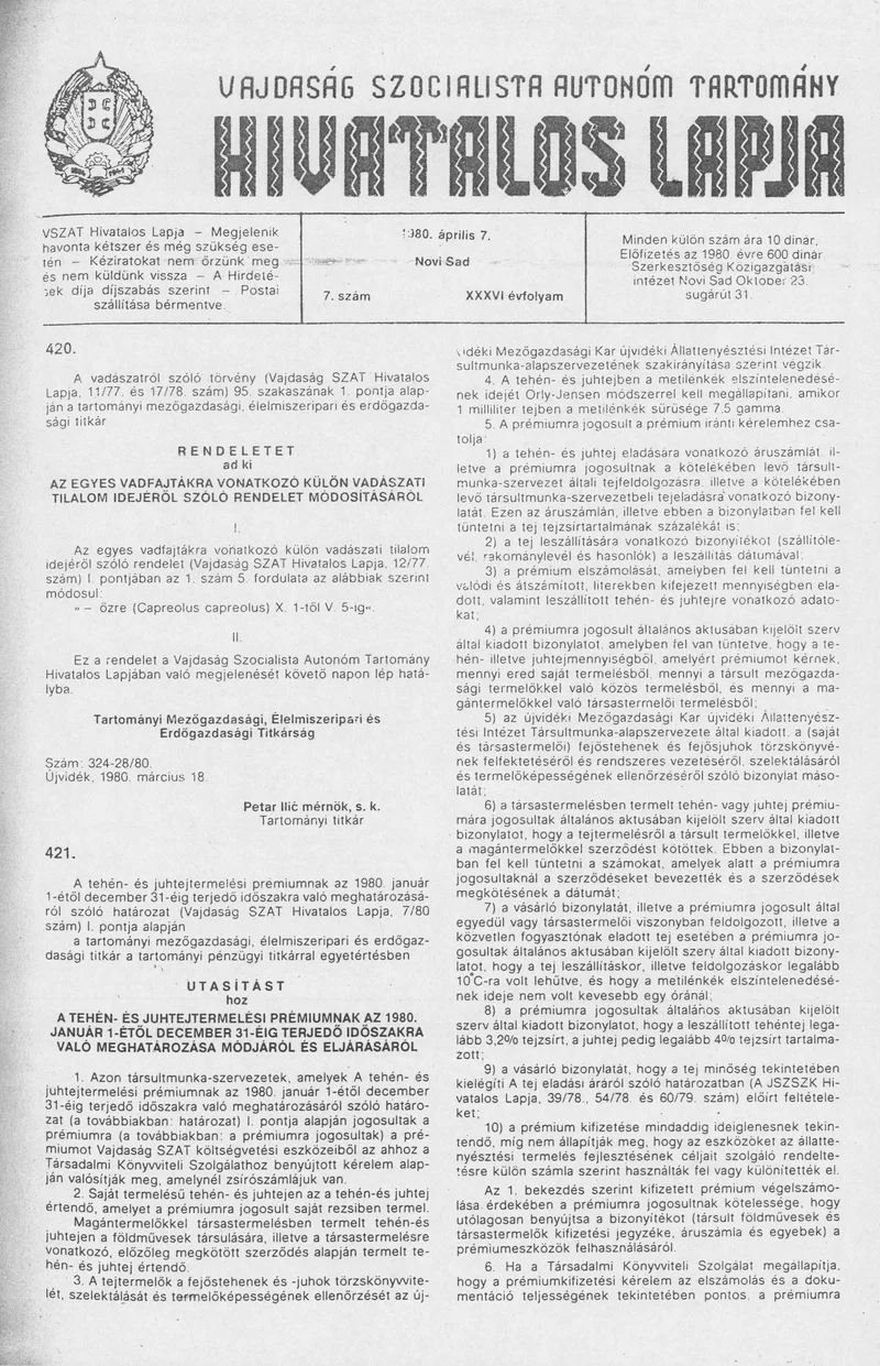 Vajdaság Szocialista Autonóm Tartomány Hivatalos Lapja, 36. évf. 1980. április 7. 7. sz. 353–364. oldal