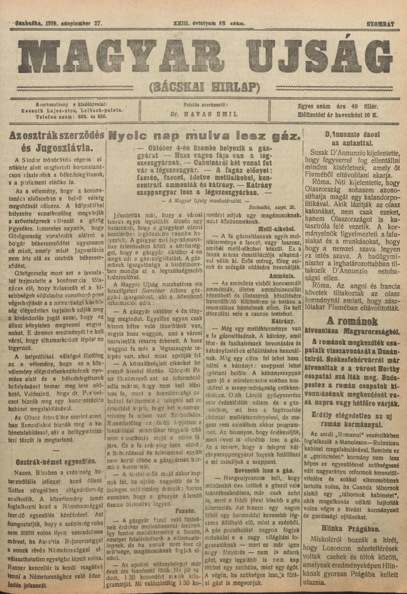 Bácskai Hirlap, 23. évf. 1919. szeptember 27. 88. sz.