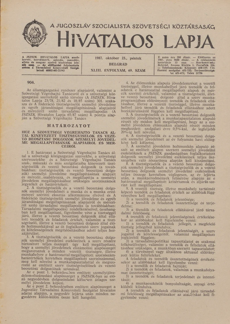 A Jugoszláv Szocialista Szövetségi Köztársaság Hivatalos Lapja, 43. évf. 1987. október 23. 69. sz. 1621–1644. oldal