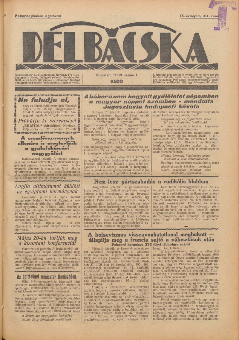 Délbácska, 9. évf. 1928. május 1. 101. sz.