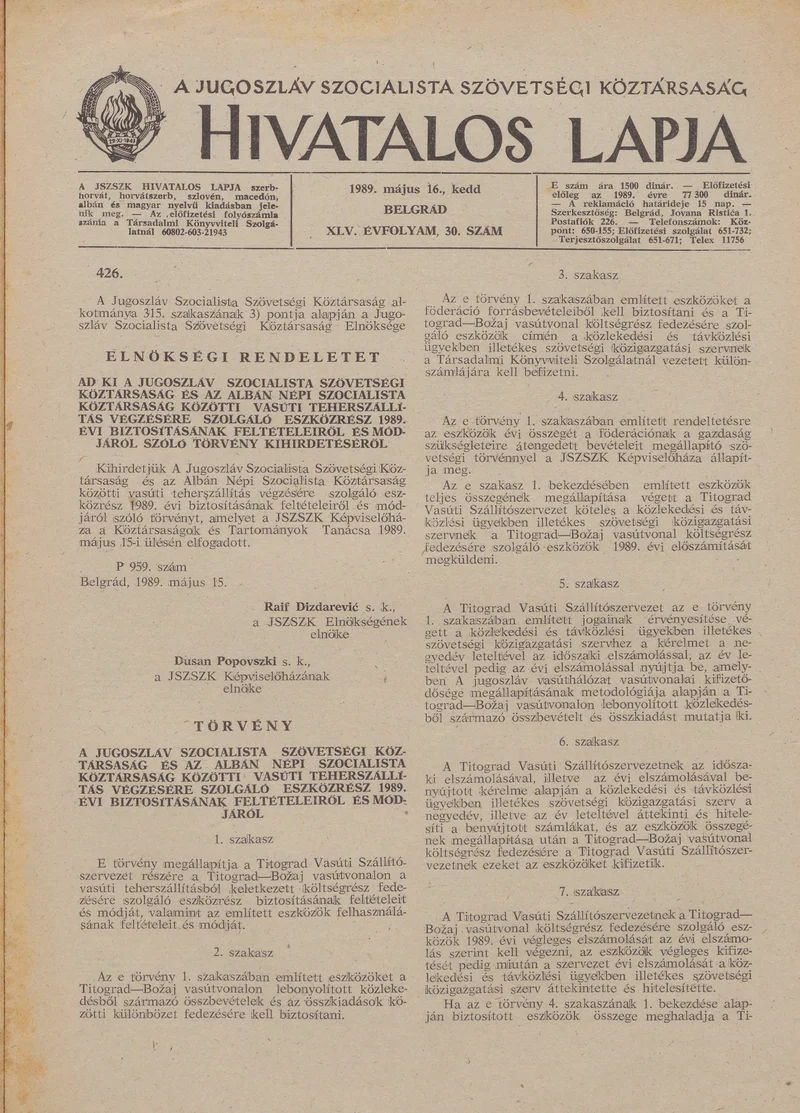 A Jugoszláv Szocialista Szövetségi Köztársaság Hivatalos Lapja, 45. évf. 1989. május 16. 30. sz. 885–900. oldal