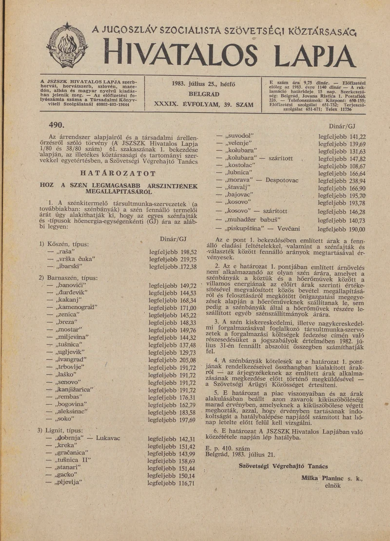 A Jugoszláv Szocialista Szövetségi Köztársaság Hivatalos Lapja, 39. évf. 1983. július 25. 39. sz. 1089–1100. oldal