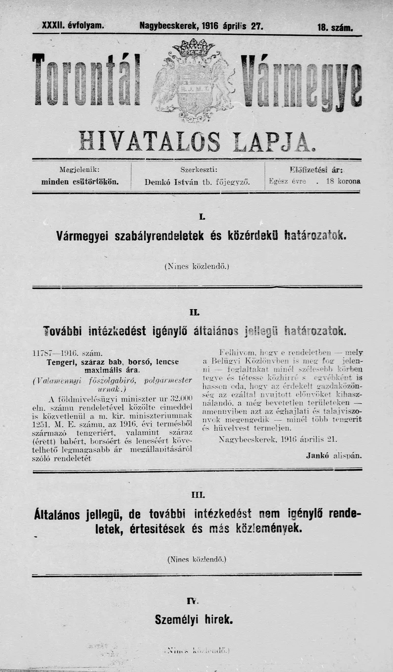 Torontál Vármegye Hivatalos Lapja, 32. évf. 1916. április 27. 18. sz.